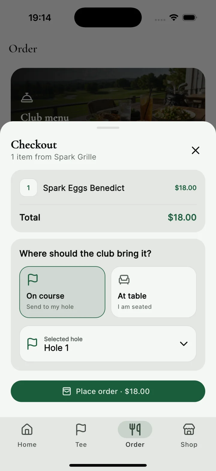 Golf member app checkout screen where the golfer chooses on-course hole delivery or a restaurant table.