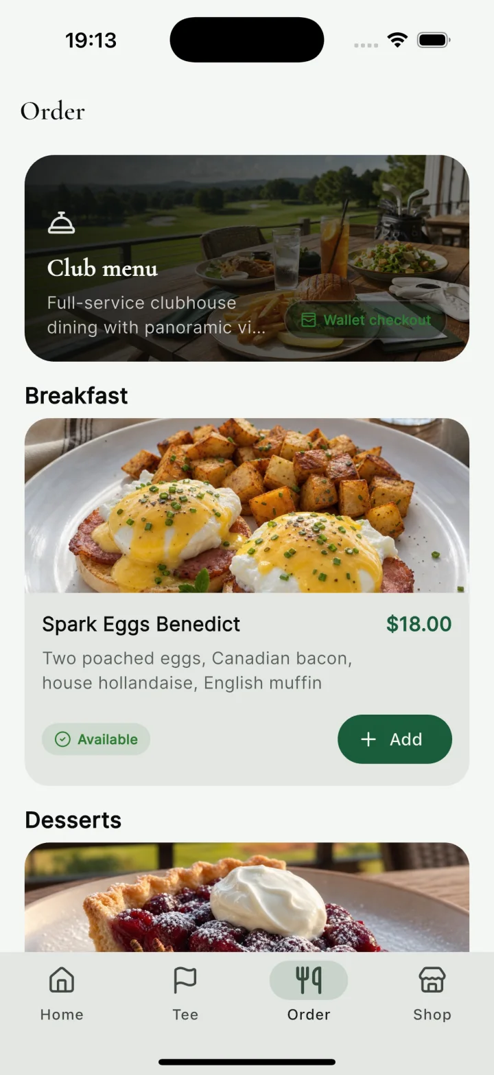Golf member app ordering menu with food photography, item details, prices, and add controls.