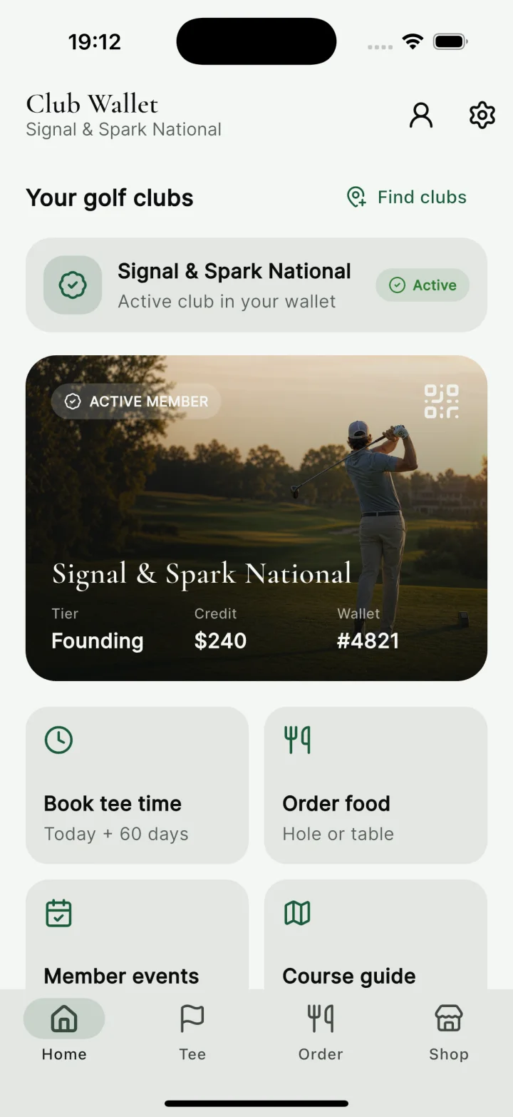 Golf member app wallet home screen showing the selected club card, balance, upcoming tee time, and club-day actions.